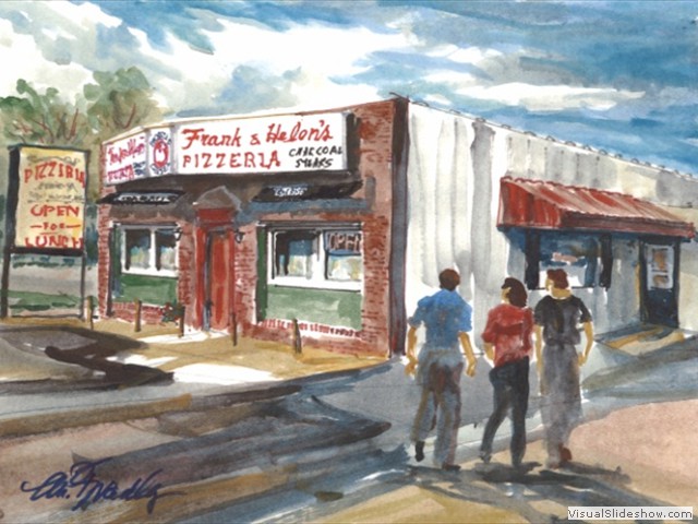 1. An original watercolor of Frank & Helen's Pizzeria by local artist Marilynne Bradley
